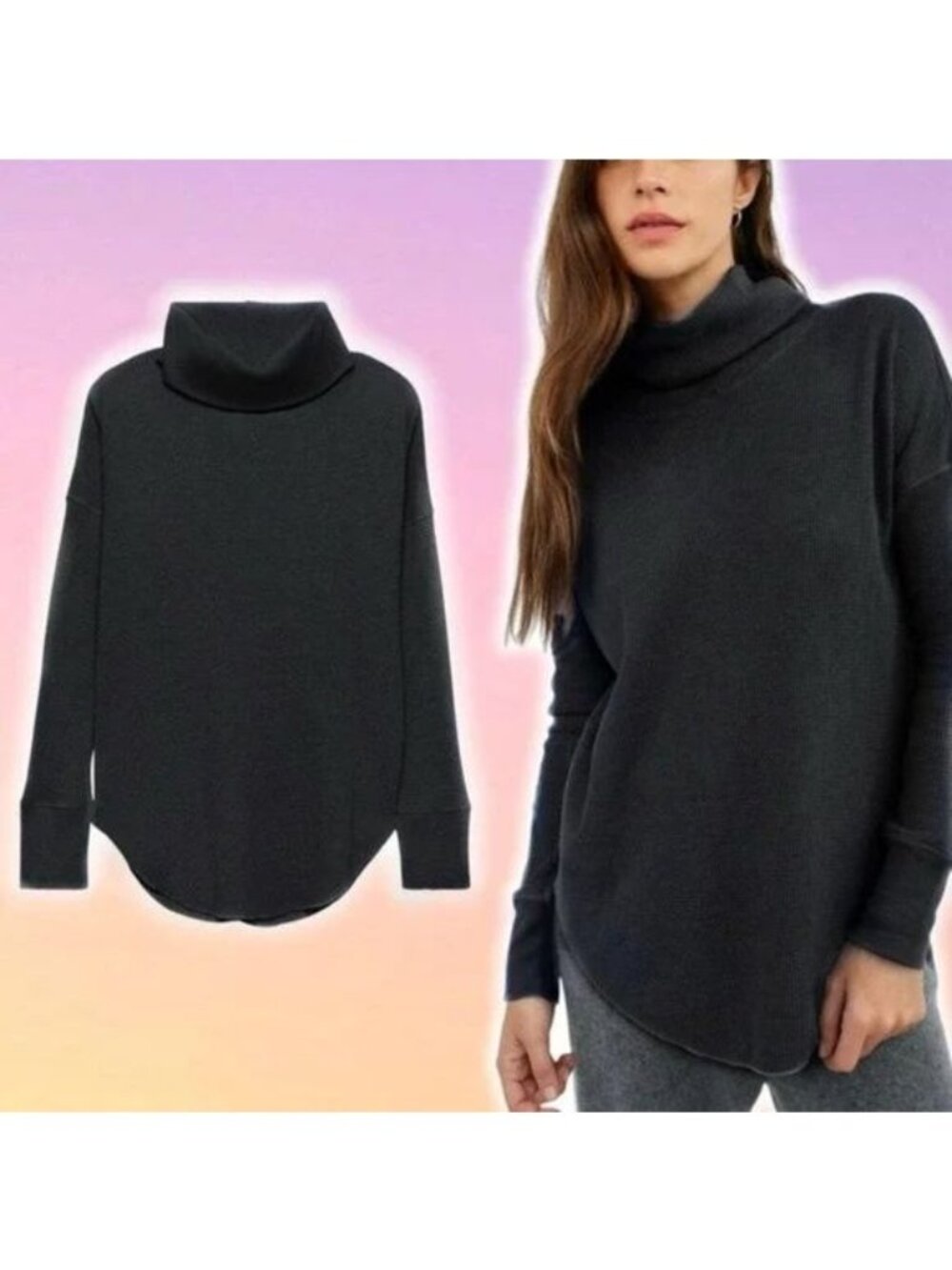 Aritzia The Group Babaton Thermal Cowl Neck Waffle Knit Long Sleeve Top Black Lg